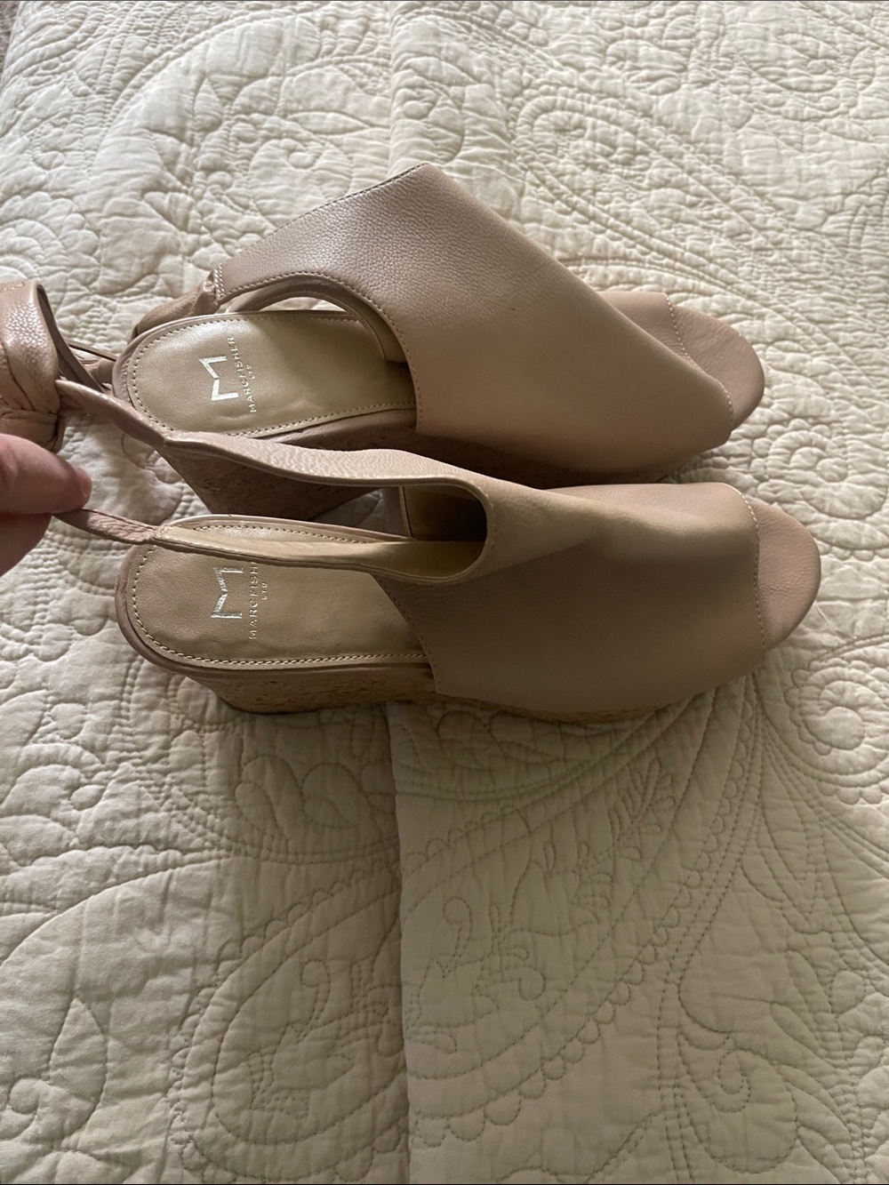 Marc Fisher Leather Blush Nude Open-Toe Slingback cork Wedges